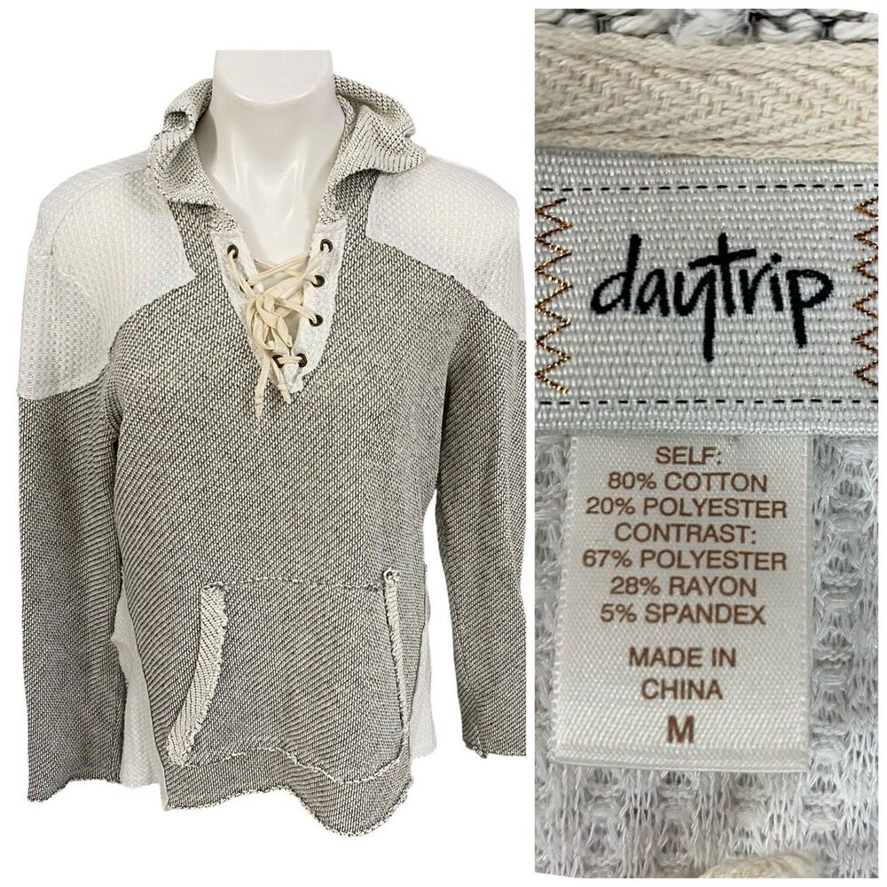 Daytrip Sweater Womens Size Medium Hooded Lattice Knit Athleisure Distressed